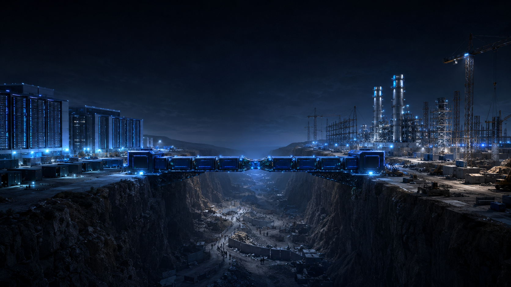 Completed data centres and delayed power infrastructure separated by a regulatory and grid bottleneck, connected by a modular NRG4NOW logistics bridge